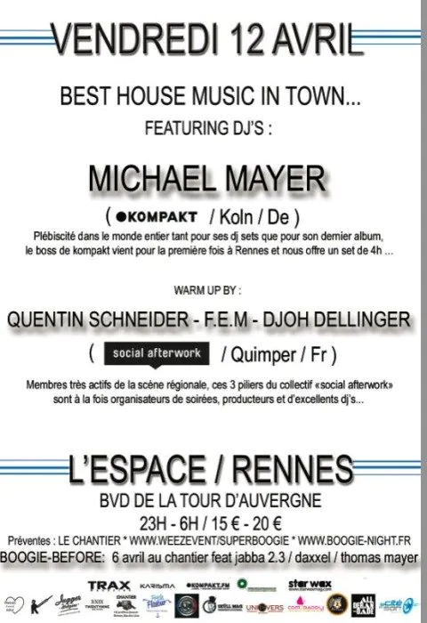 Soirée Super Boogie : Michael Mayer & Social Afterwork à l'Espace Club de Rennes