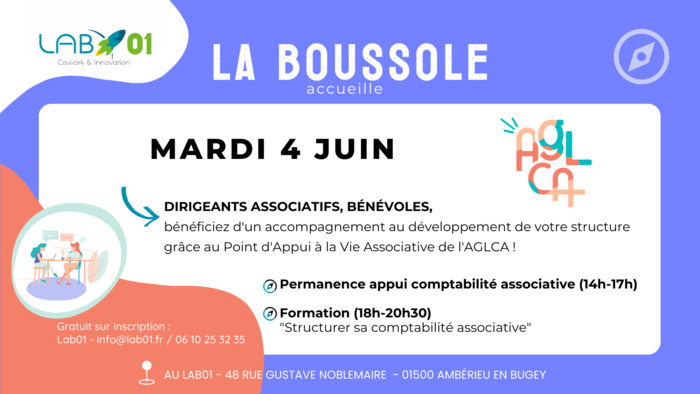 La Boussole : Permanence AGLCA appui comptabilité associative et  formation "Structurer sa comptabilité associative" LAB01 Ambérieu-en-Bugey