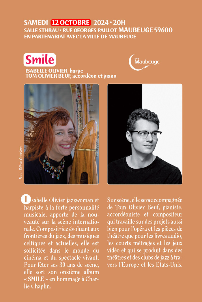30ème Festival International "harpe en Avesnois" 2024 : Isabelle Olivier et Tom Olivier Beuf Maubeuge Nord Maubeuge