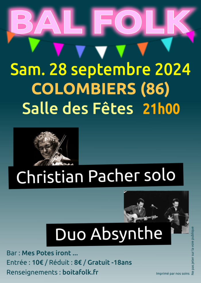 Bal folk Christian Pacher solo et Duo Absynthe Salle des fêtes Colombiers