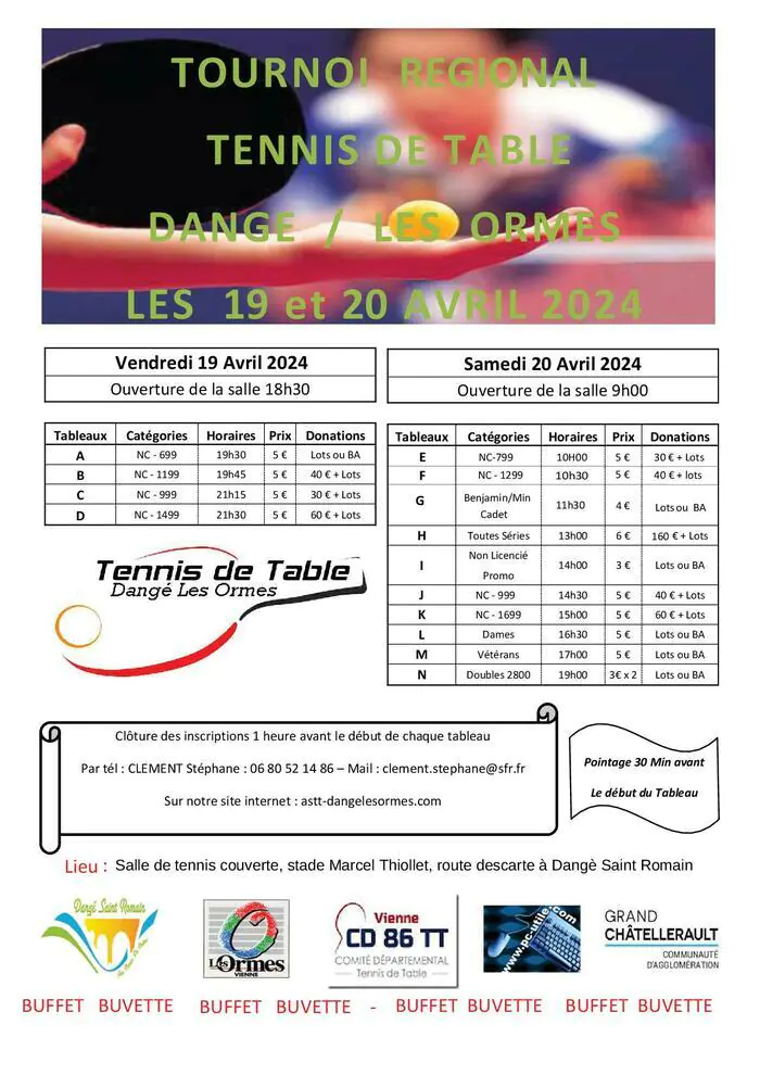 TOURNOI RÉGIONAL DE TENNIS DE TABLE LES 19 ET 20 AVRIL 2024 À DANGÉ ST-ROMAIN SALLE HÉLIOS Dangé-Saint-Romain