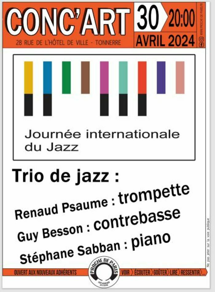 Mardi 30 avril Journée mondiale du Jazz : Trio Stéphane Sabban Café art & culture "proche de Paris" Tonnerre
