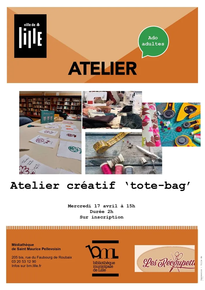 Atelier créatif "tote-bag" médiathèque de Saint Maurice Pellevoisin Lille