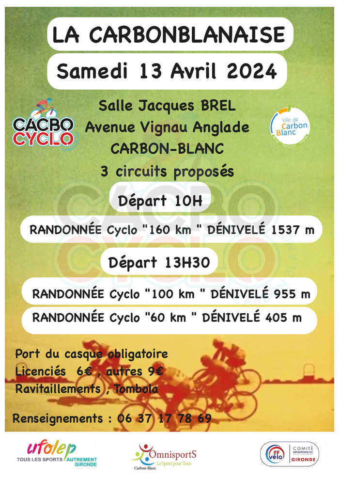 CACBO CYCLO : LA CARBONBLANAISE Salle Jacques Brel Carbon-Blanc